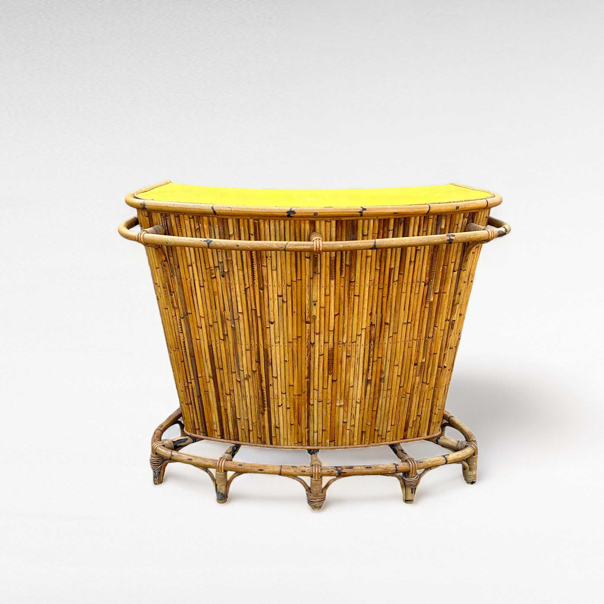 Bamboo and rattan tiki cocktail bar with stools, set of 3, 1960s