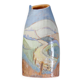 Glazed terracotta vase pastoral decor vintage craftsmanship L.Mounal