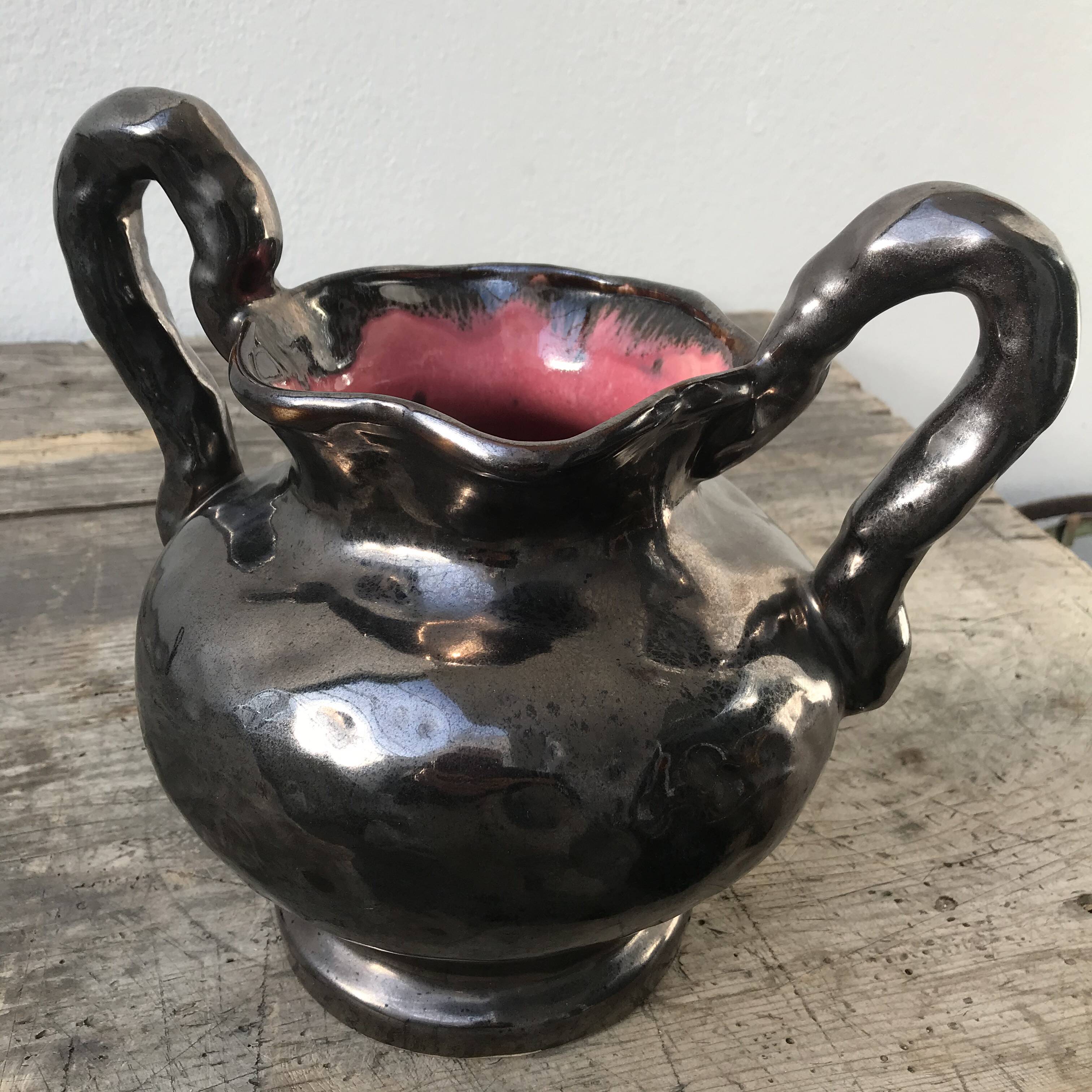 Black Ceramic Vase, pink inside color, signed