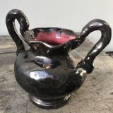 Black Ceramic Vase, pink inside color, signed