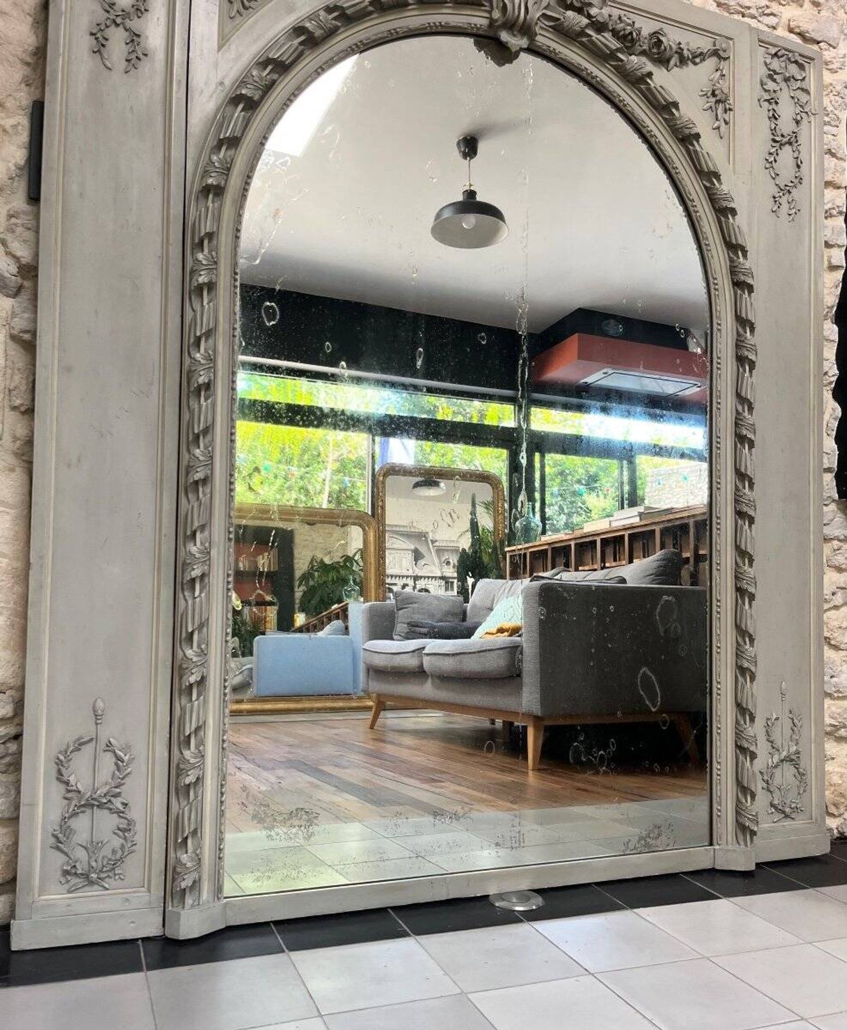 Important Antique Boiserie 176.5cm/158cm 19th Century Fireplace Mirror with Pitted Glass