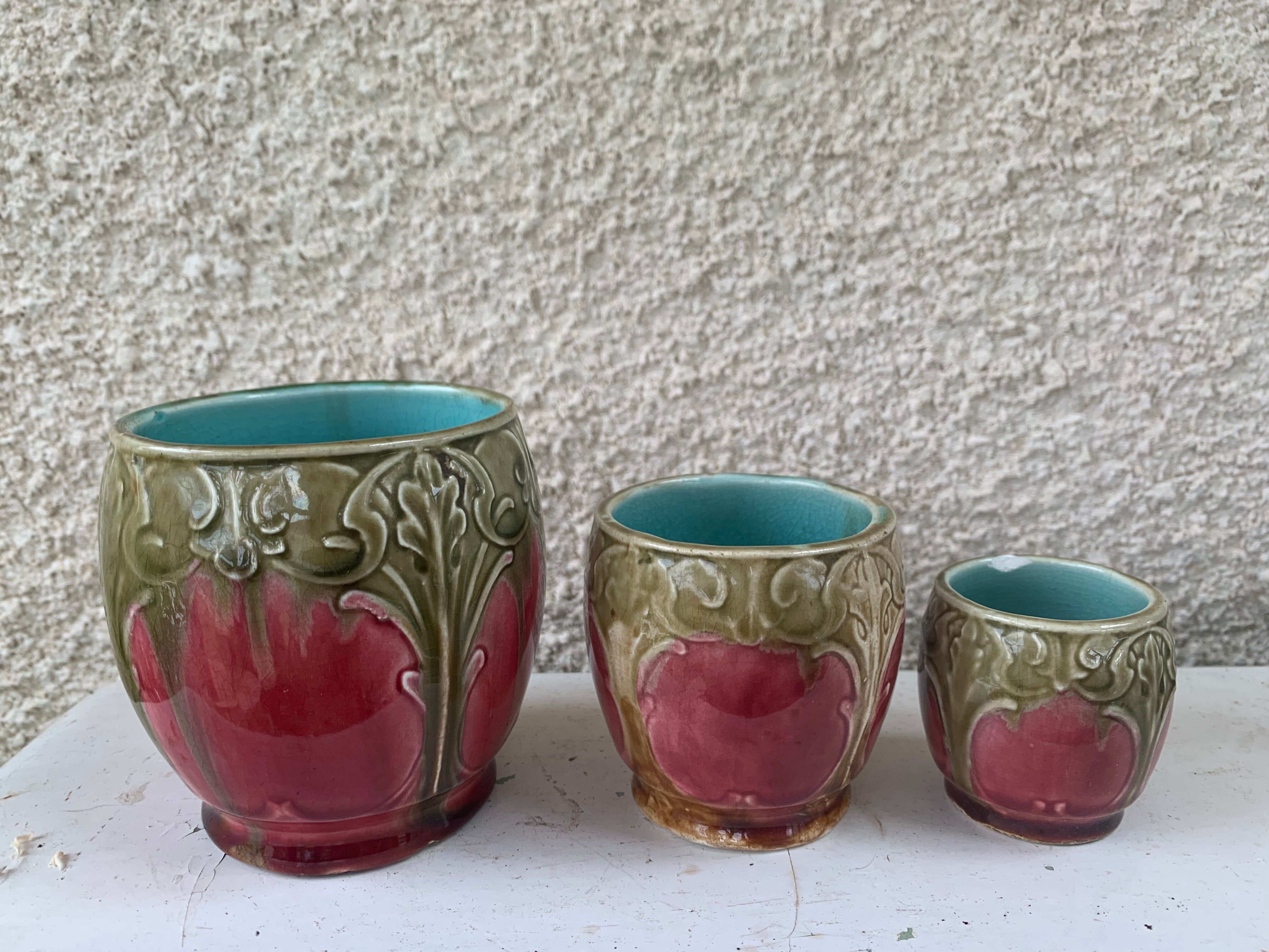 Set of art nouveau slurry consisting of a large dish and 3 small collector's jars