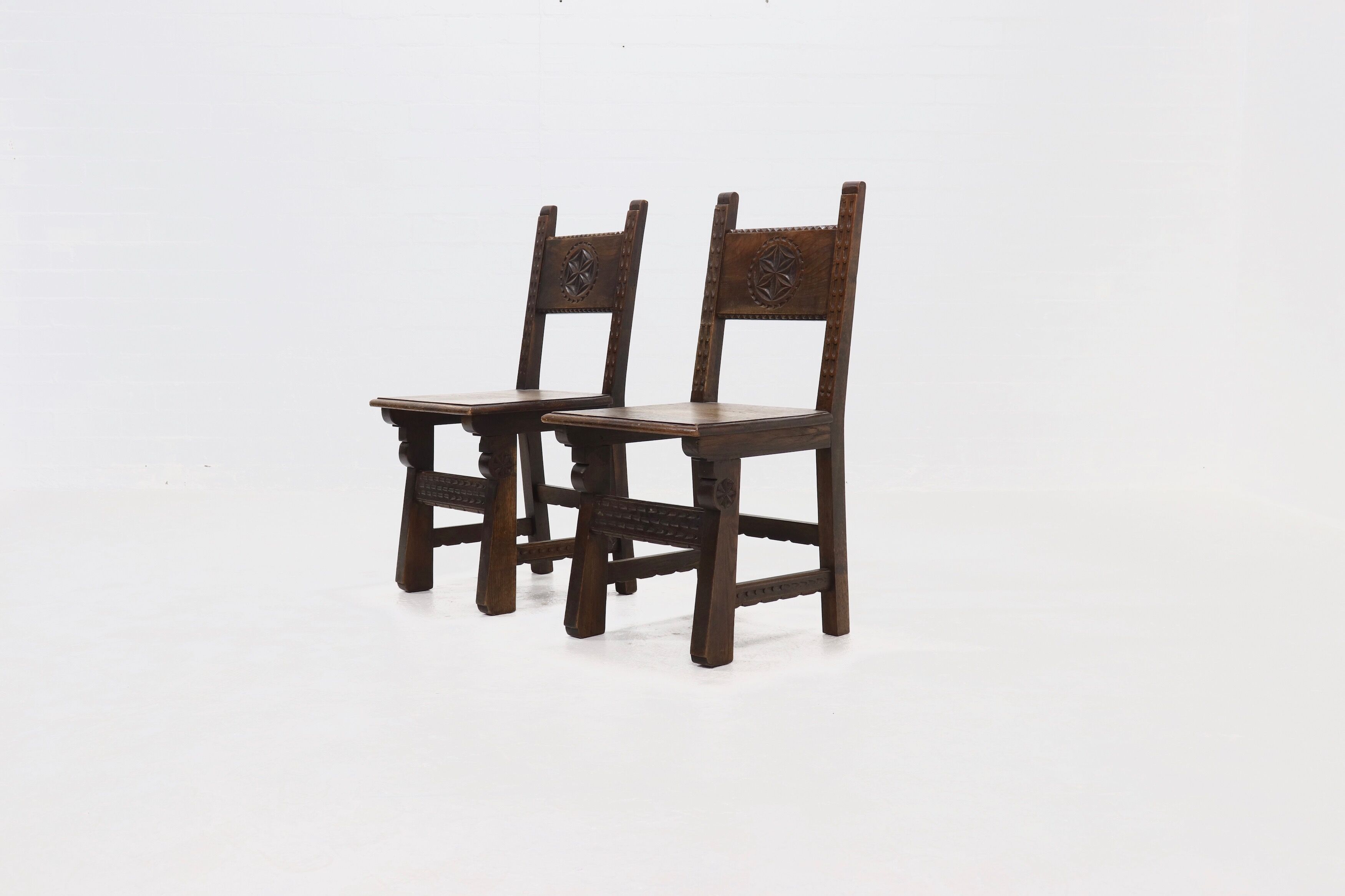 Set of 2 19th Century Spanish Hand Carved Oak Chairs