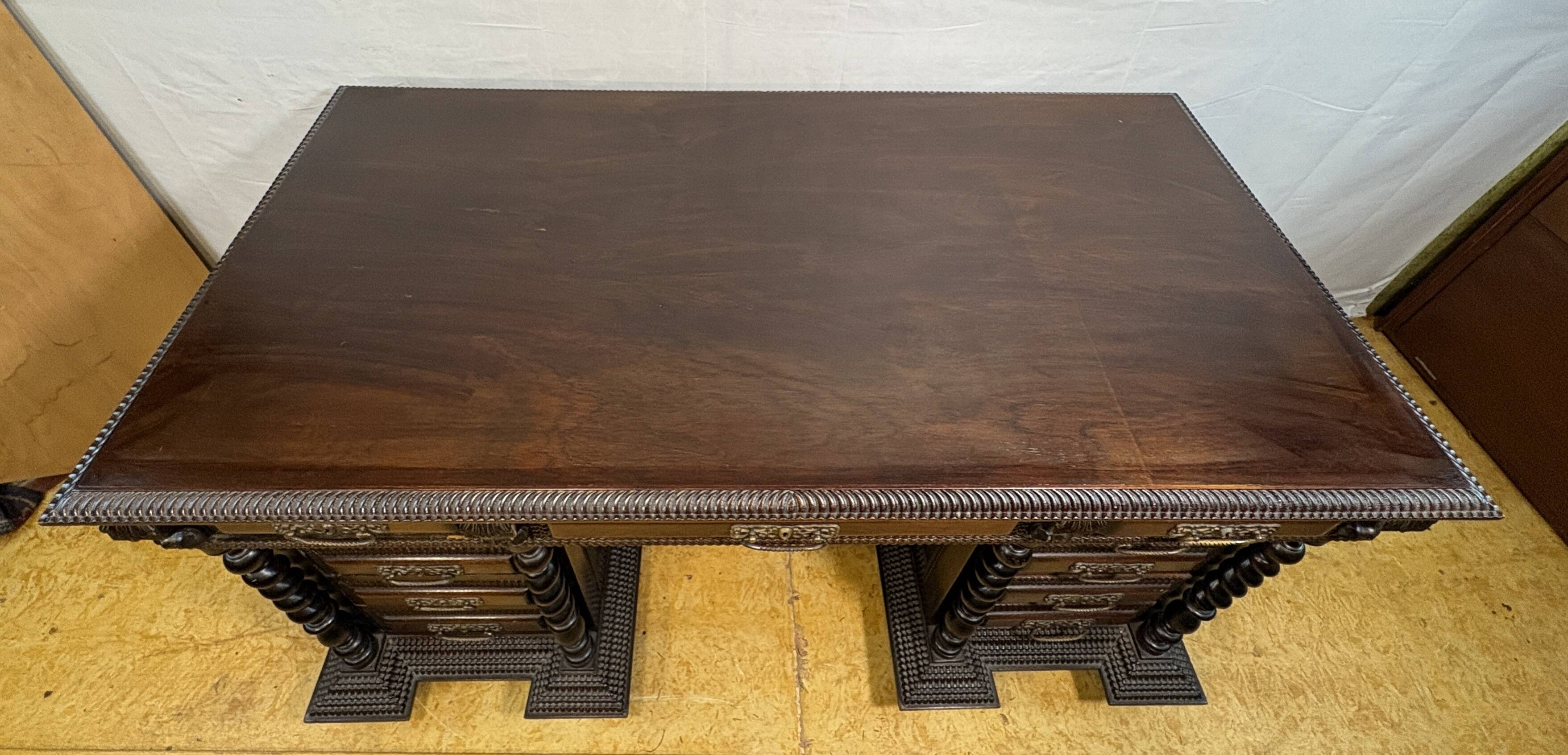 Exceptional Antique Portuguese Baroque Revival Twin Pedestal Desk  Spiral T