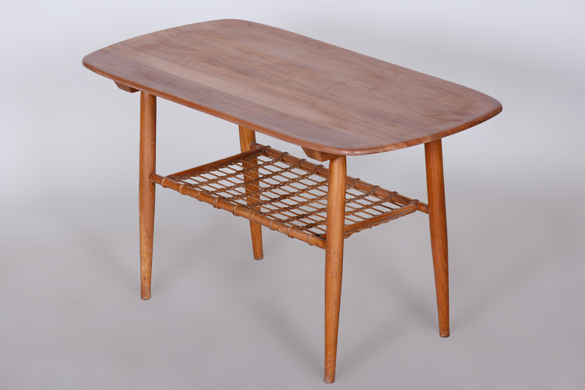 Restored Mid-Century Style Coffee Table, Cherry-Tree, Rattan, 1950s, Czechia