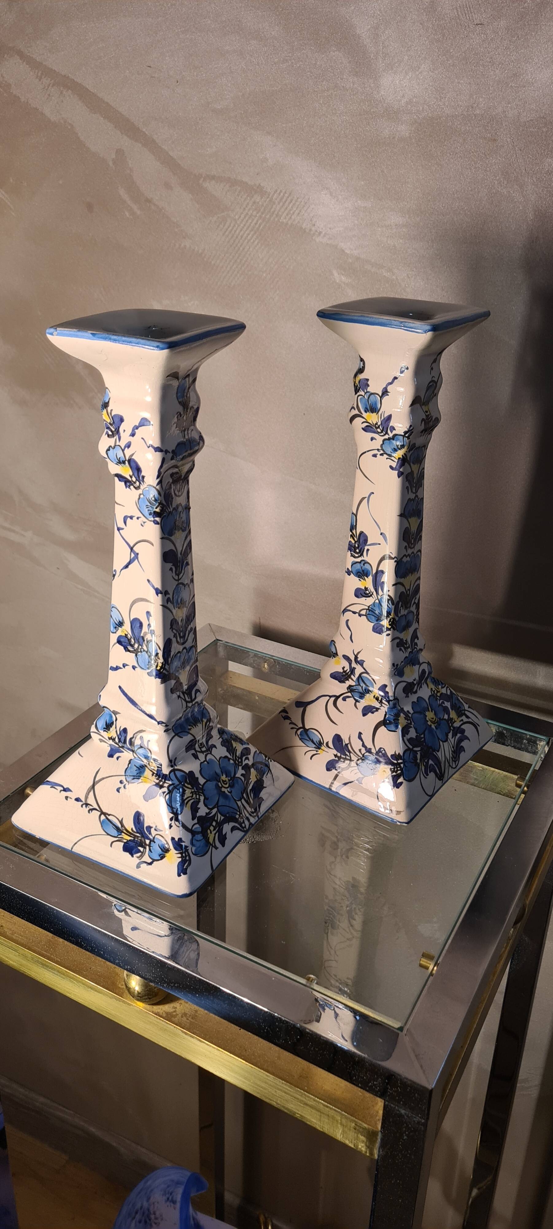 Art deco style ceramic candle holders, hand painted blue flowers. sign