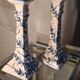 Art deco style ceramic candle holders, hand painted blue flowers. sign