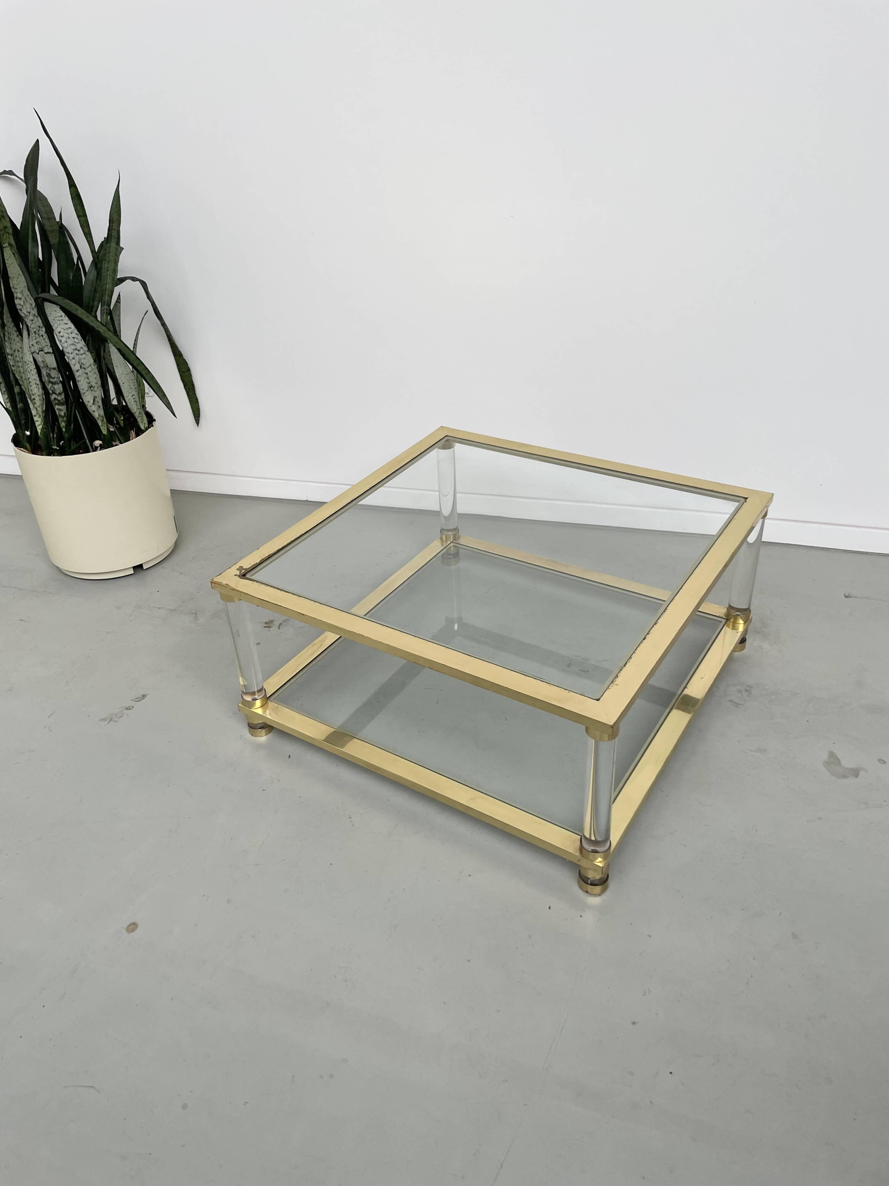 1970s lucite, brass and glass coffee table