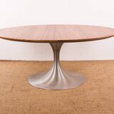 Large round coffee table with tulip leg in brushed aluminum and zebrano 1960.