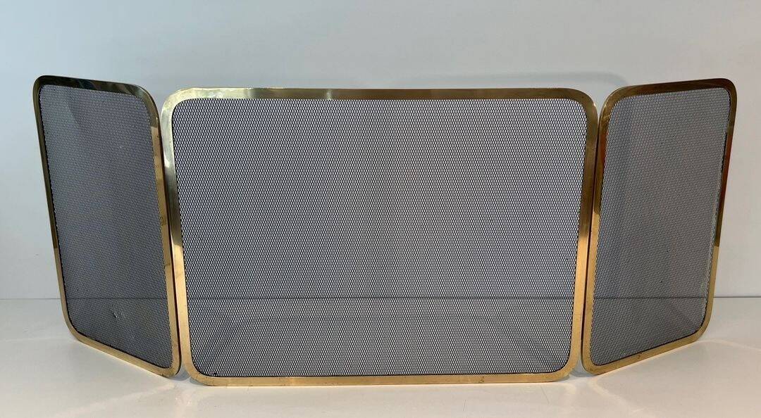 Three-Panel Folding Fire Screen in Polished Brass and Steel Mesh