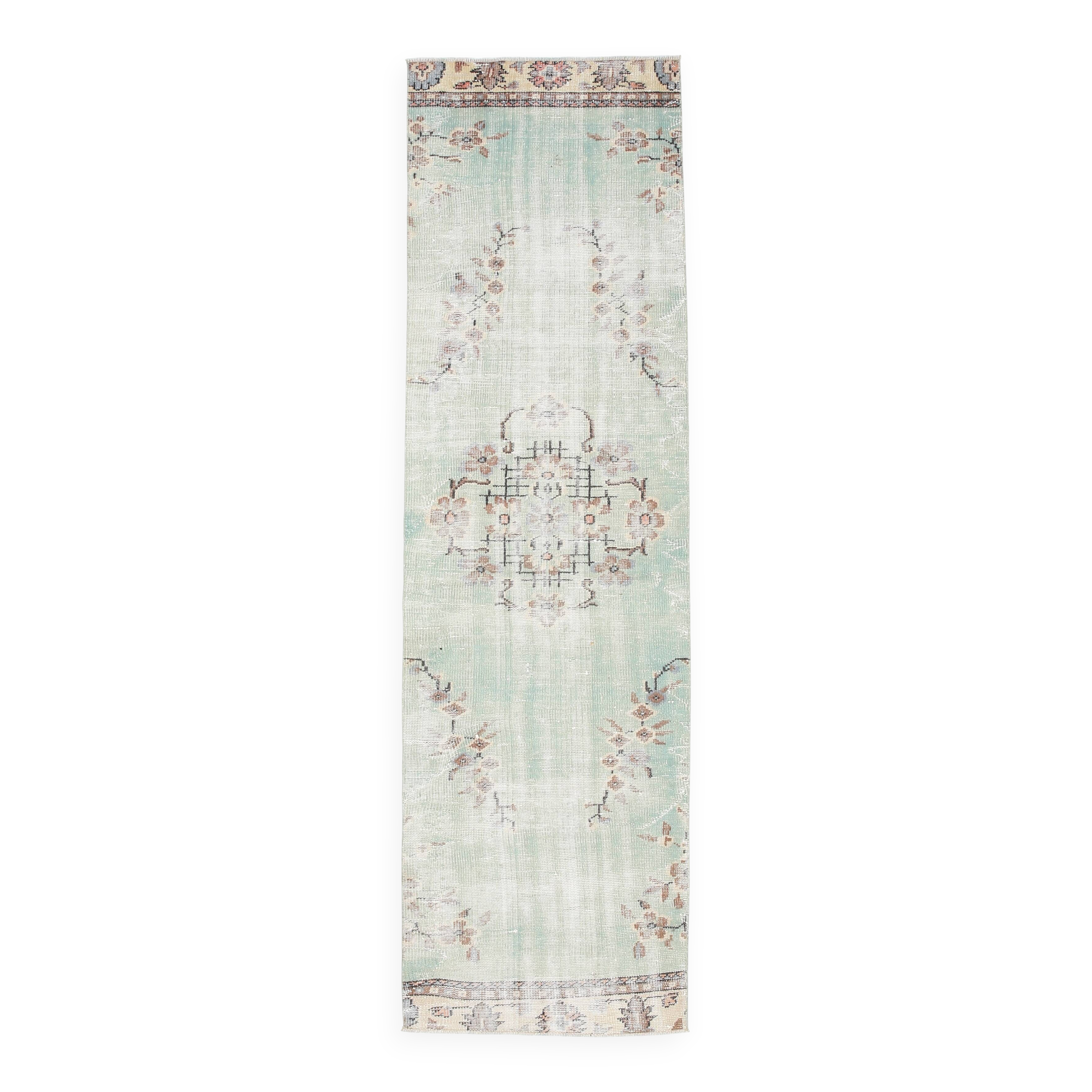 3x9 Light Green Persian Vintage Runner Rug, 81x282Cm