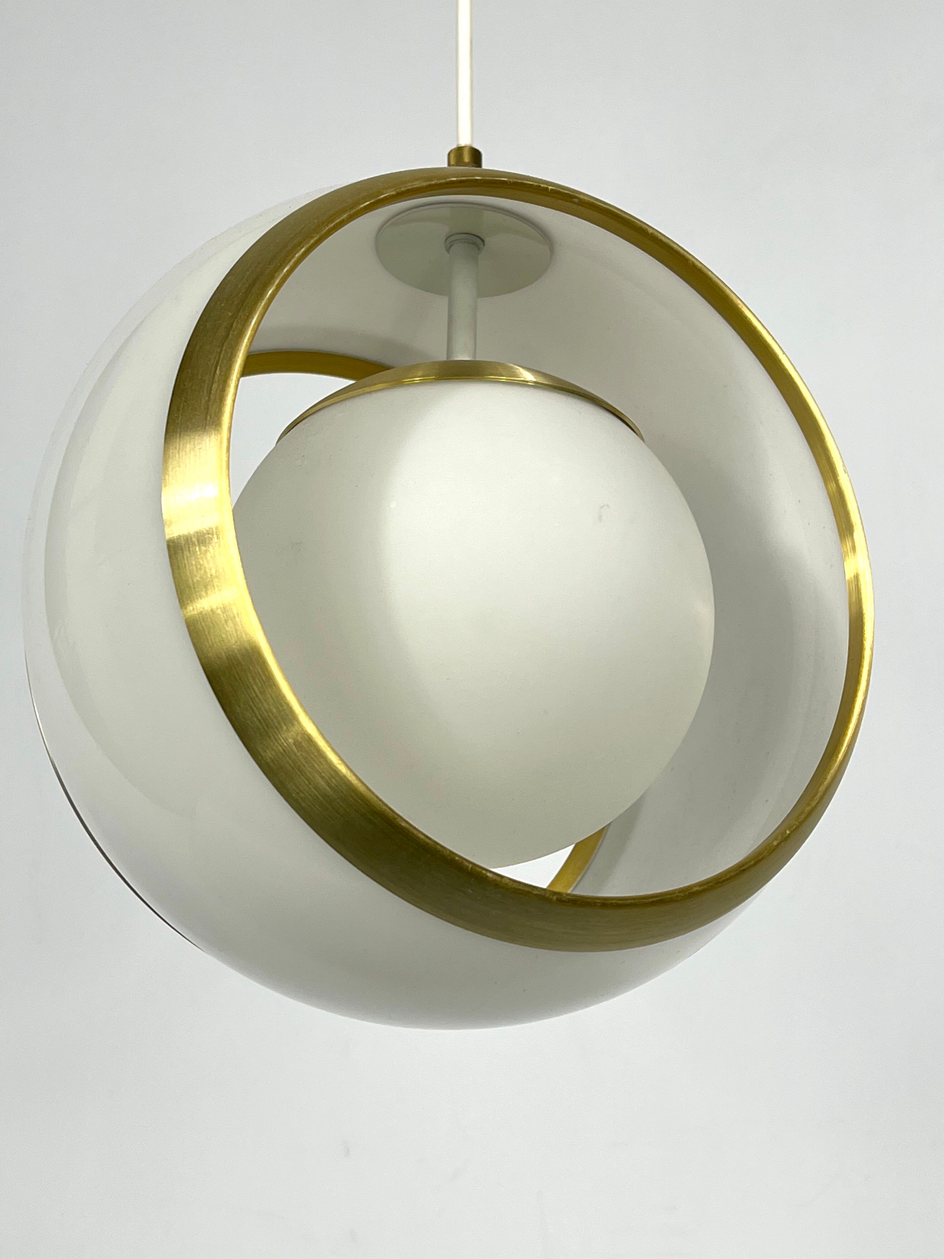 Stilux Milano, gilded aluminum, opaline and perspex pendant. Italy 1960s