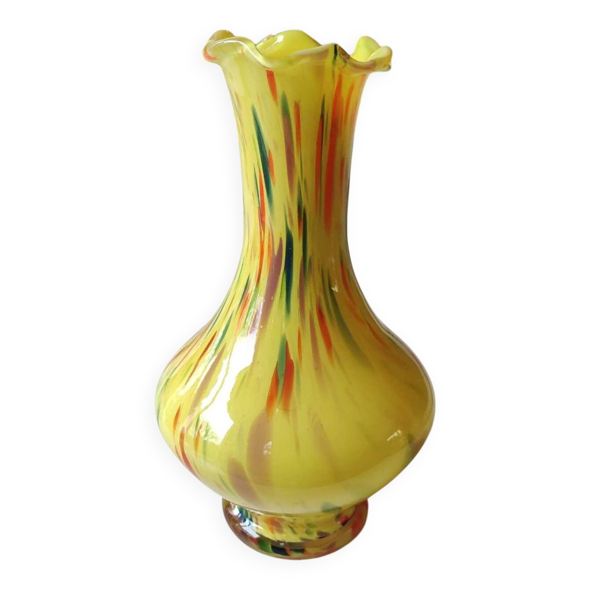 Murano style blown art glass ball vase. Speckled, corolla neck/22 cm