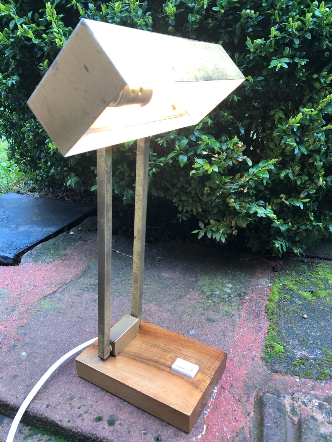 Bauhaus desk lamp gilded brass and teak
