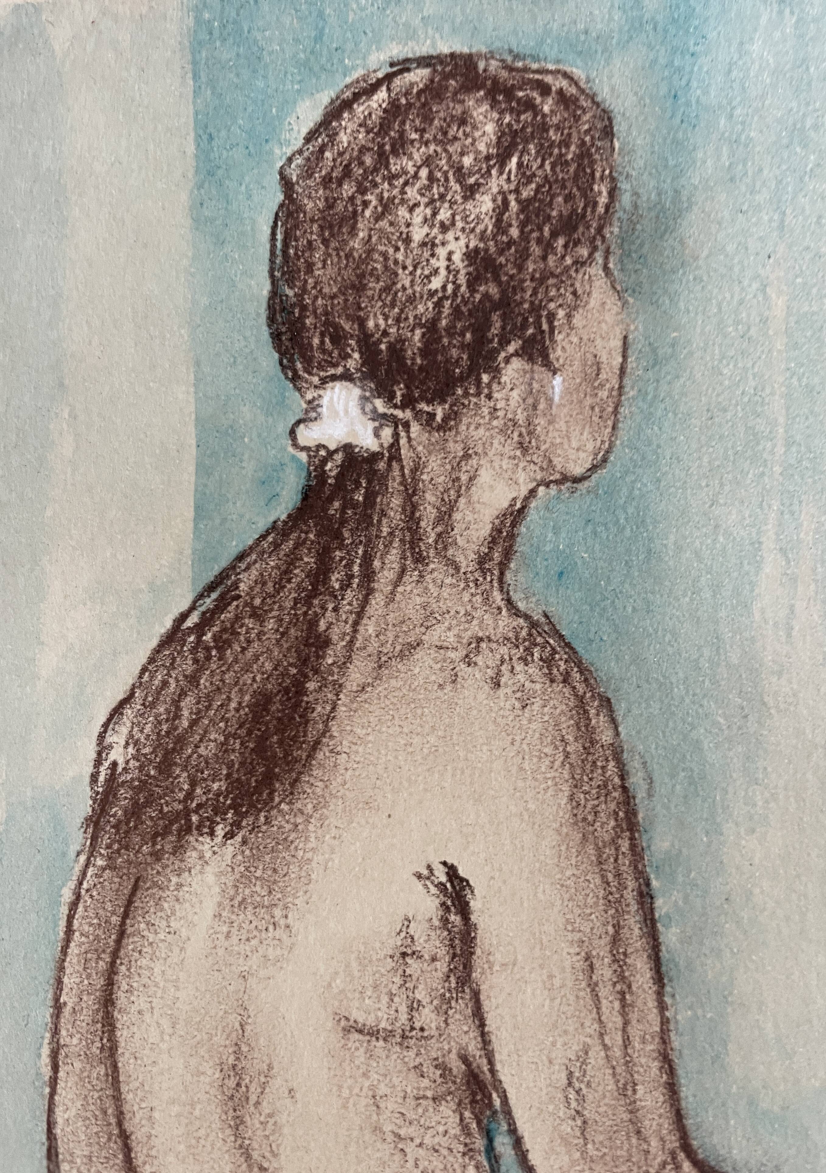 Painting signed sanguine watercolor female portrait “the pose”