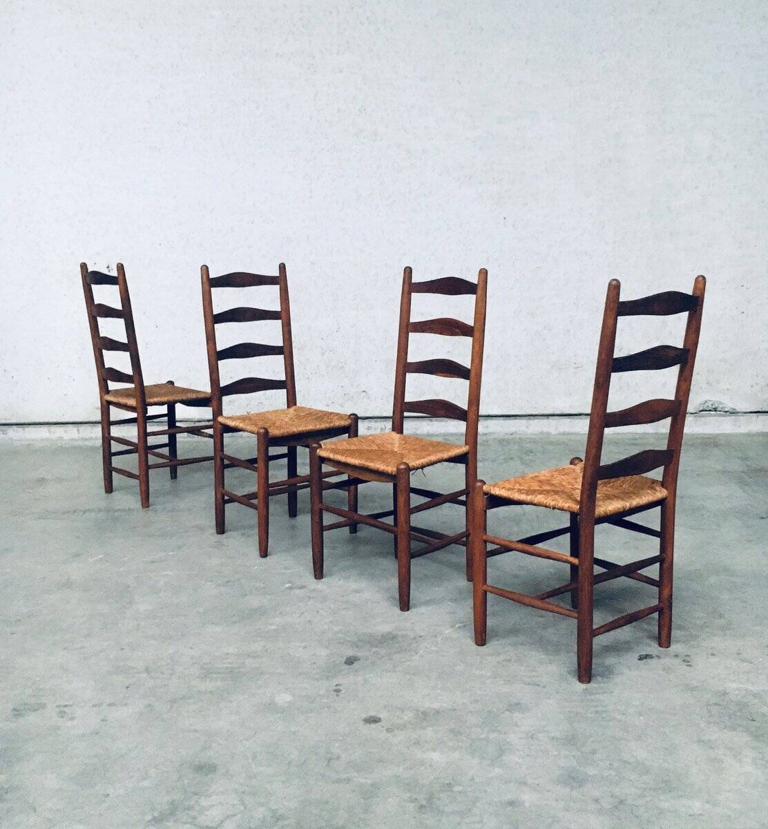 Rustic Handcrafted Oak and Rush High Back Dining Chairs, Belgium, 1940s, Set of 4