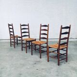Rustic Handcrafted Oak and Rush High Back Dining Chairs, Belgium, 1940s, Set of 4