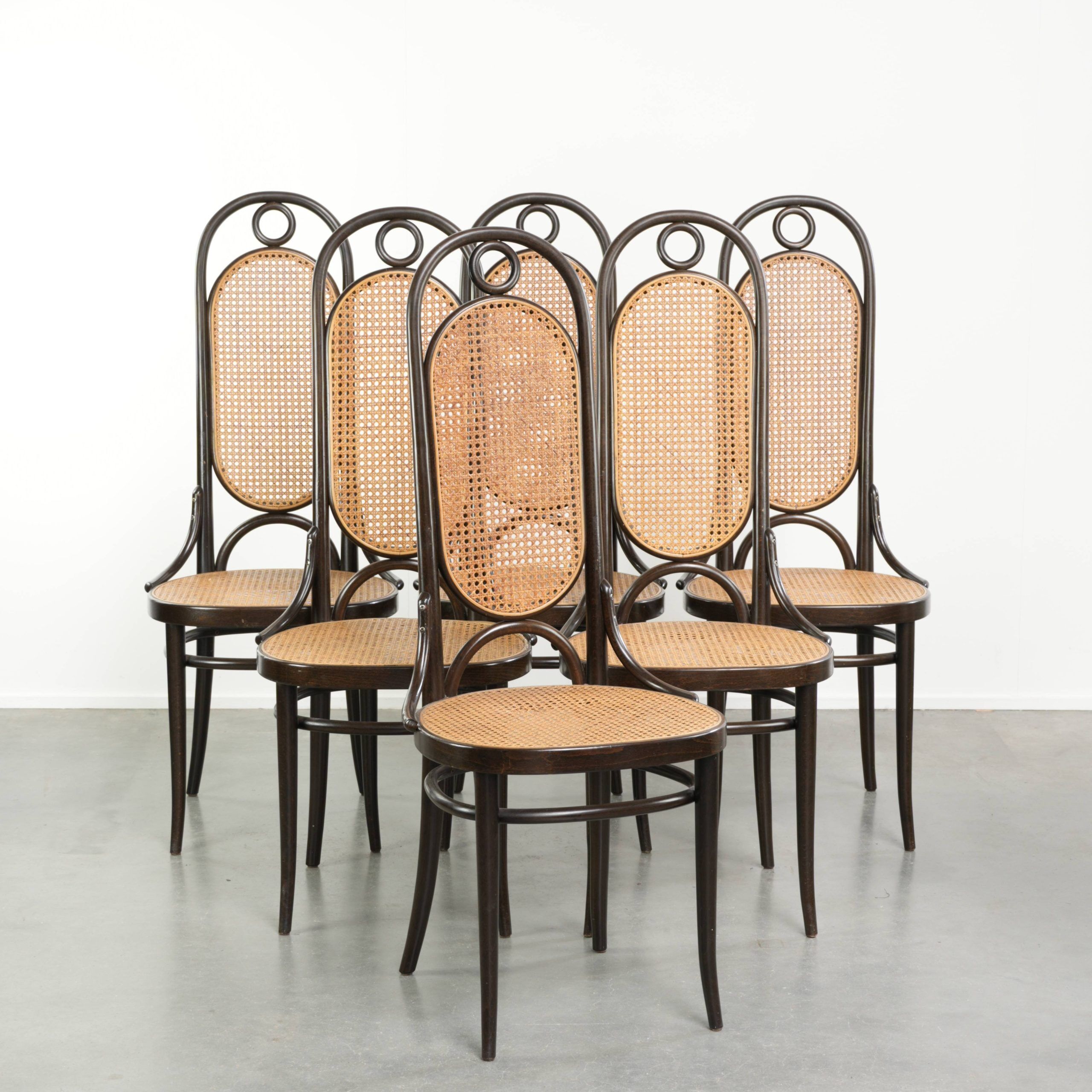 Set of 6 original vintage Thonet long John design diningchairs with webbing