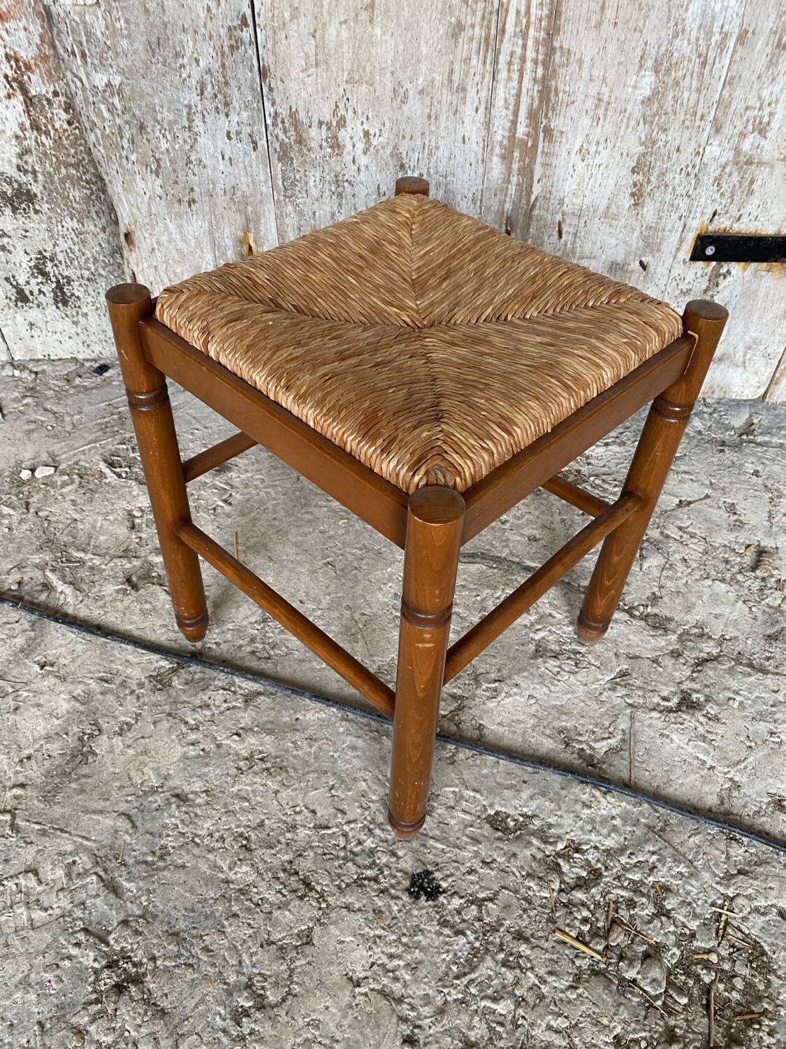 Vintage Wooden Stool with Woven Seat #D502