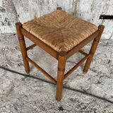 Vintage Wooden Stool with Woven Seat #D502