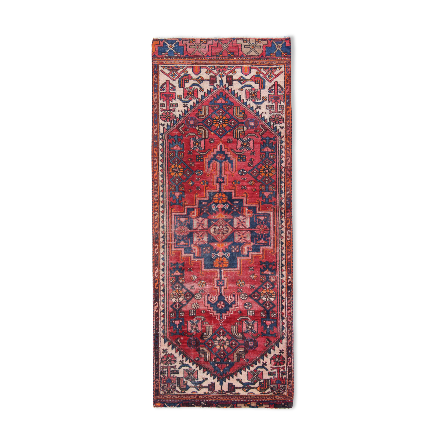Red geometric tribal runner rug long handwoven oriental wool carpet 80x220cm
