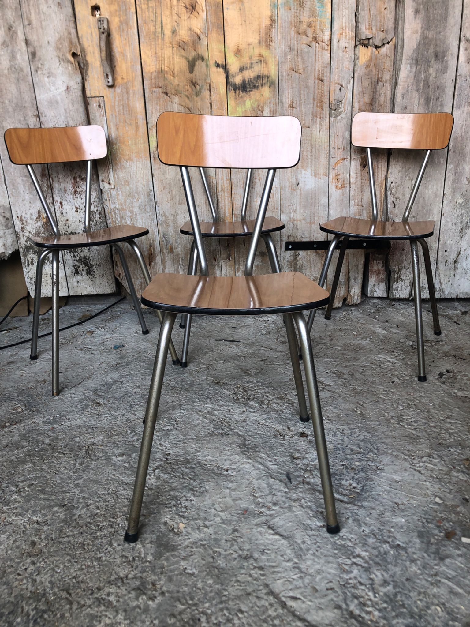 Series of 4 Formica Chairs Wood Legs Metal Chrome Vintage #A243