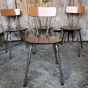 Series of 4 Formica Chairs Wood Legs Metal Chrome Vintage #A243