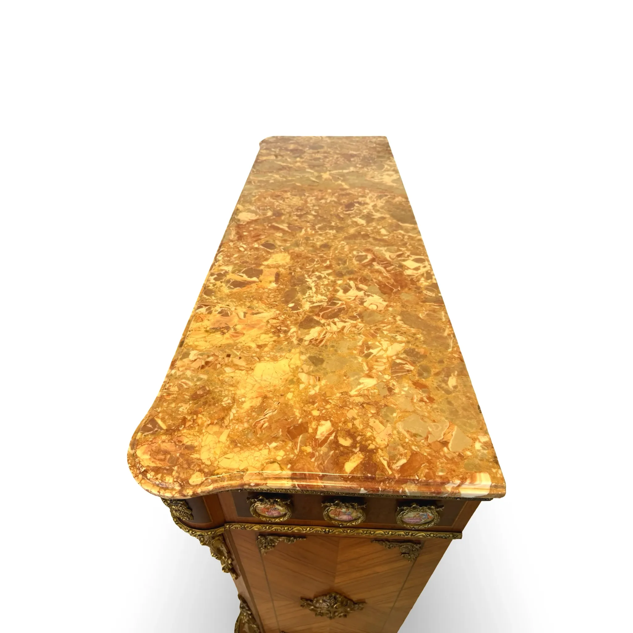 An antique French Louis XVI-style marble-top side cabinet