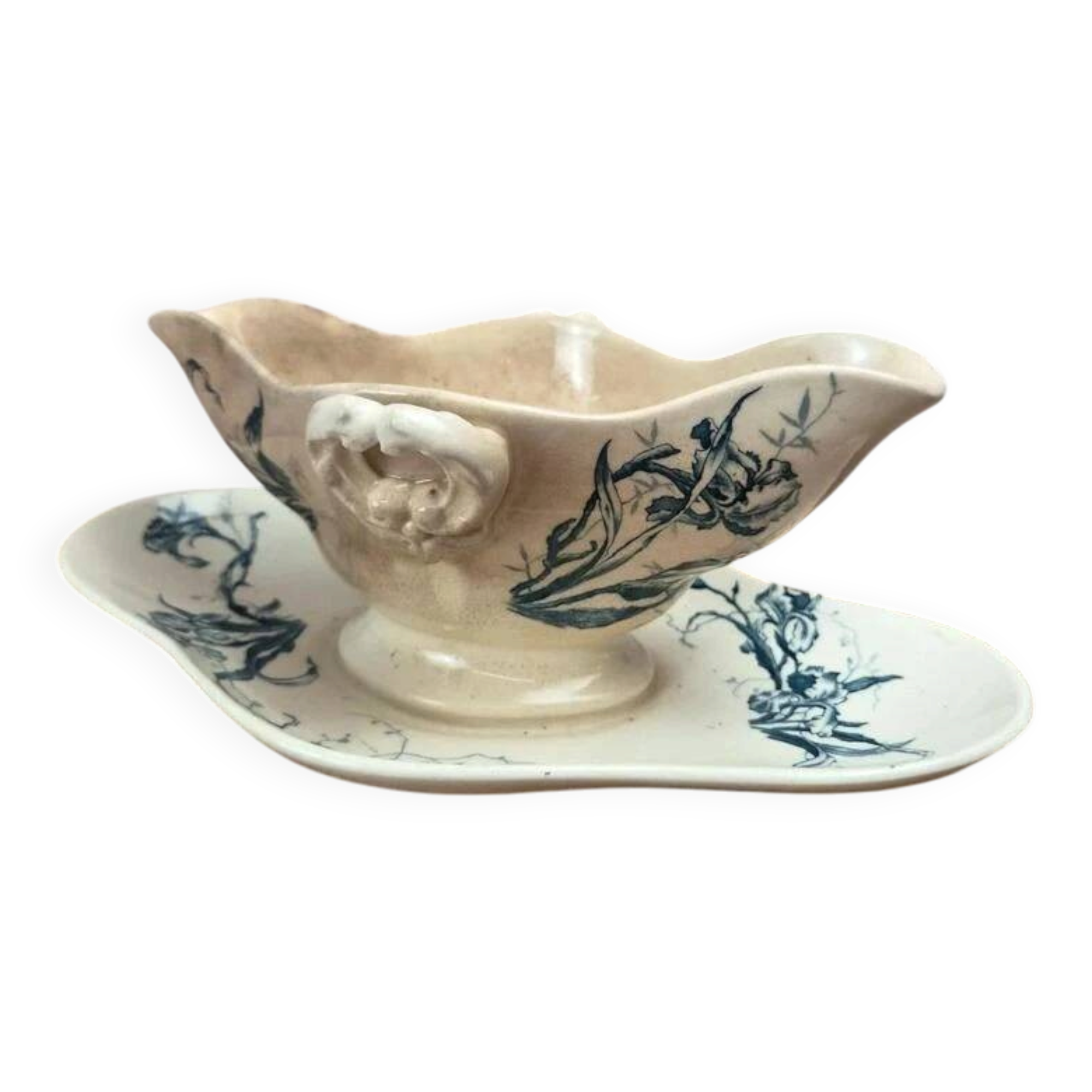Saucière ancienne Gien Iris en terre de fer, fin XIXe siècle