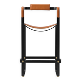 Tabouret de bar contemporain c. Dossier Métal Nuit Noir et Cuir Naturel Tan Tabac