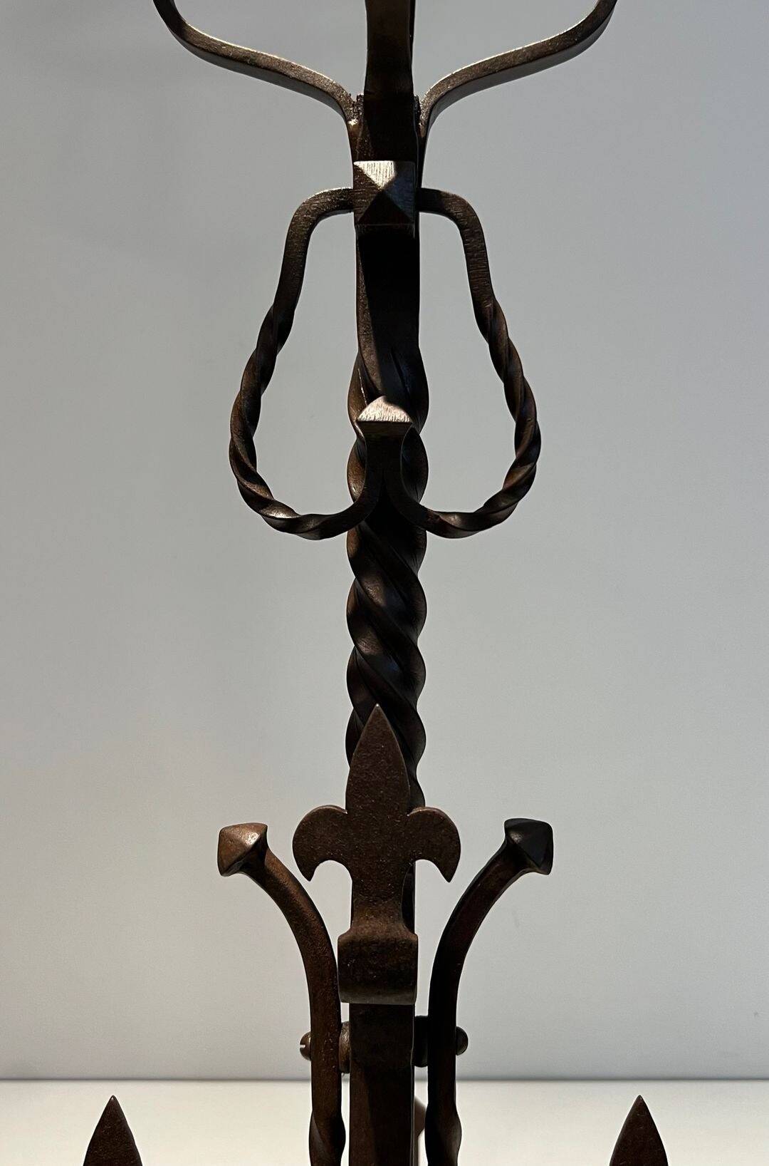 Important Pair of Gothic Wrought Iron Andirons with Fleur-de-Lis