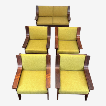 Set of four armchairs and a sofa in wood and green fabric, Italy 1960s
