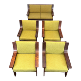 4 fauteuils et un canapé en bois et tissu vert, Italie des années 1960