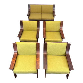 Set of four armchairs and a sofa in wood and green fabric, Italy 1960s