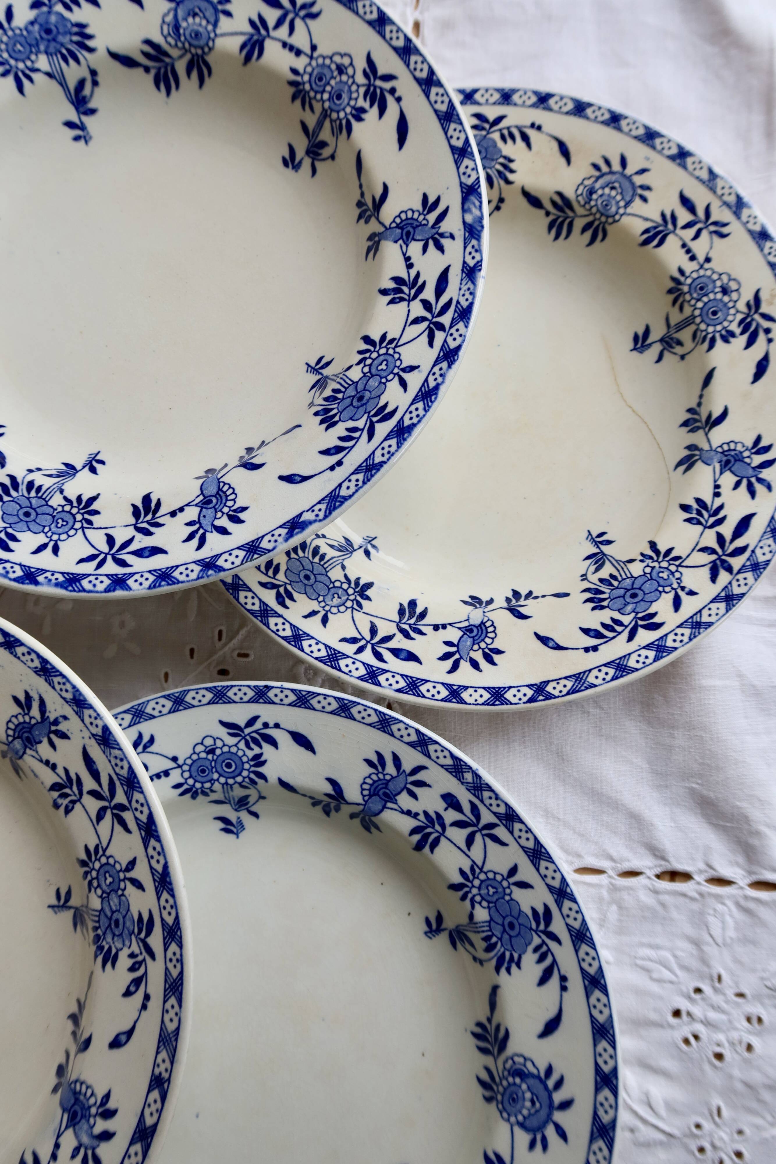 6 antique deep plates, blue and white Dresden porcelain