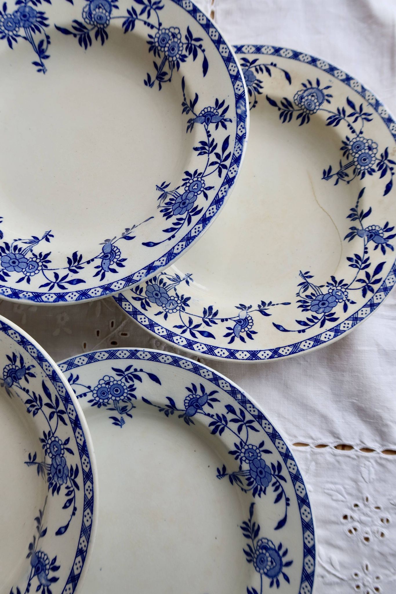 6 antique deep plates, blue and white Dresden porcelain