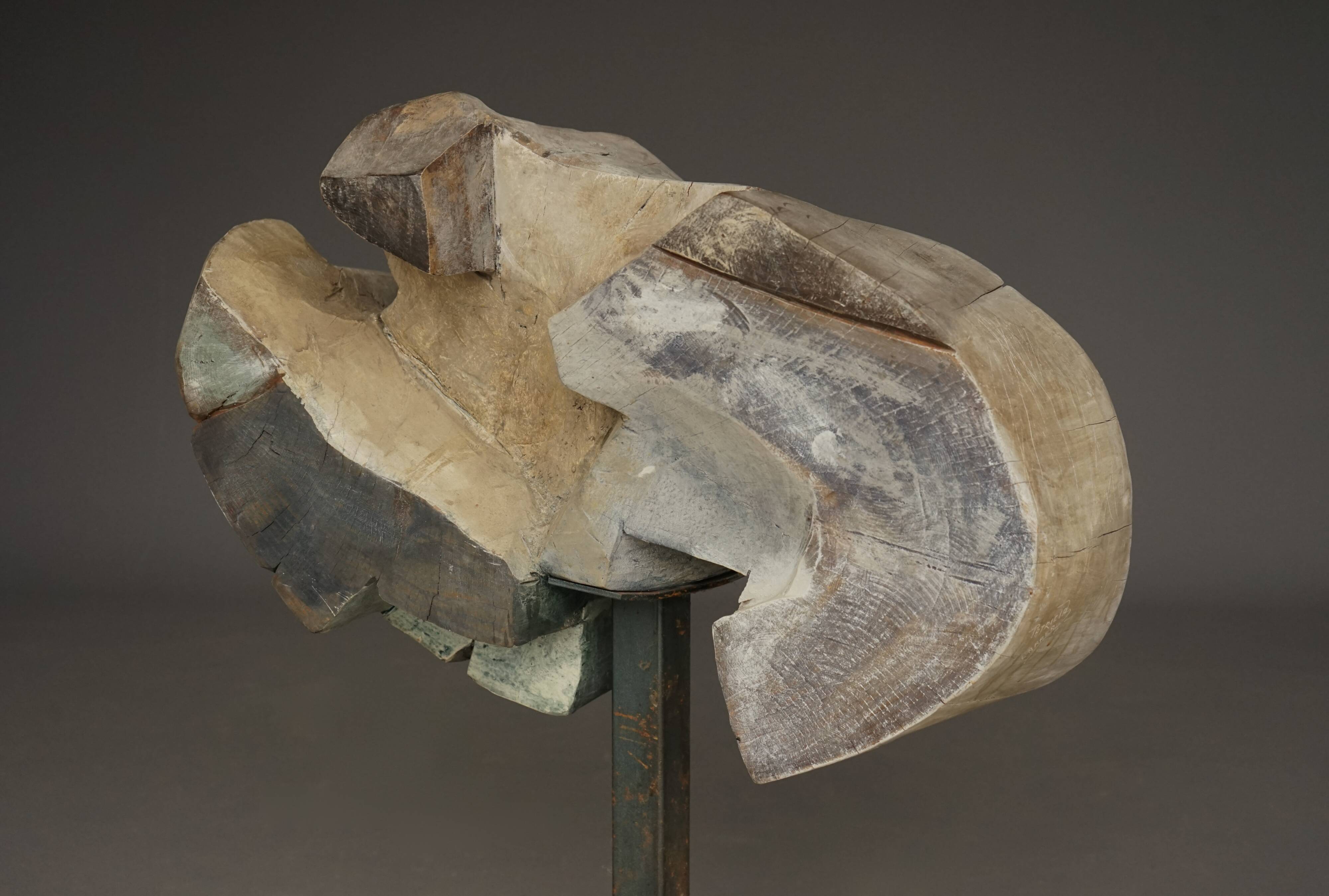 Sculpture abstraite brutaliste en bois et métal sculptés, années 1970