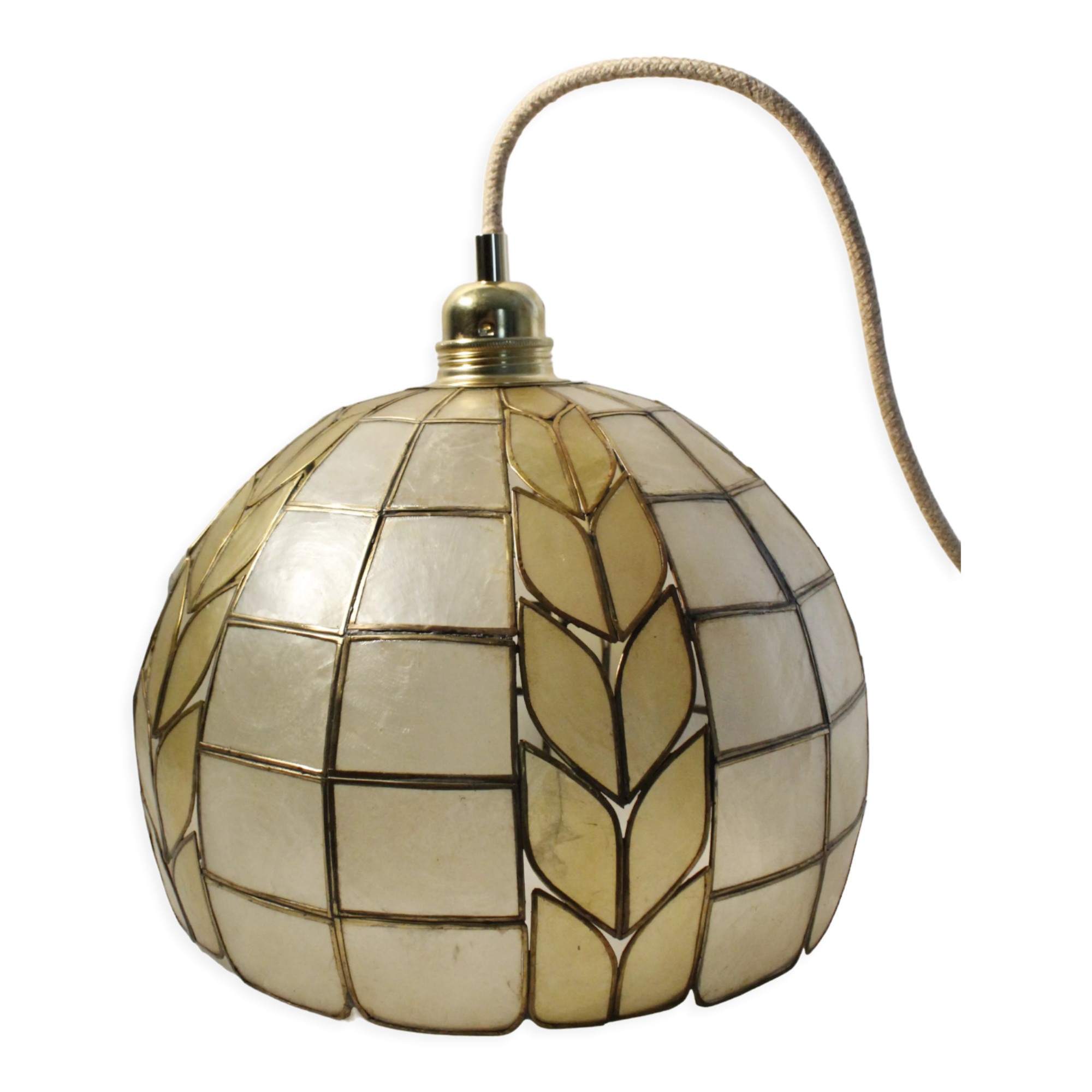 Art deco pendant lamp in mother-of-pearl and brass - electrified to nine