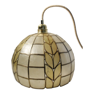 Art deco pendant lamp in mother-of-pearl and brass - electrified to nine