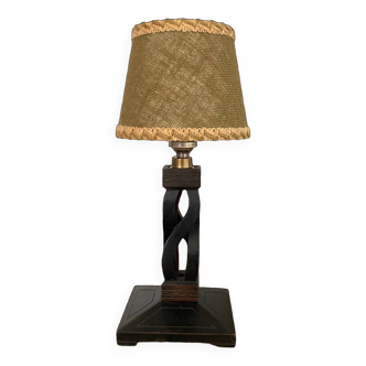 Wooden lamp, new 2 m fabric cable, jute lampshade