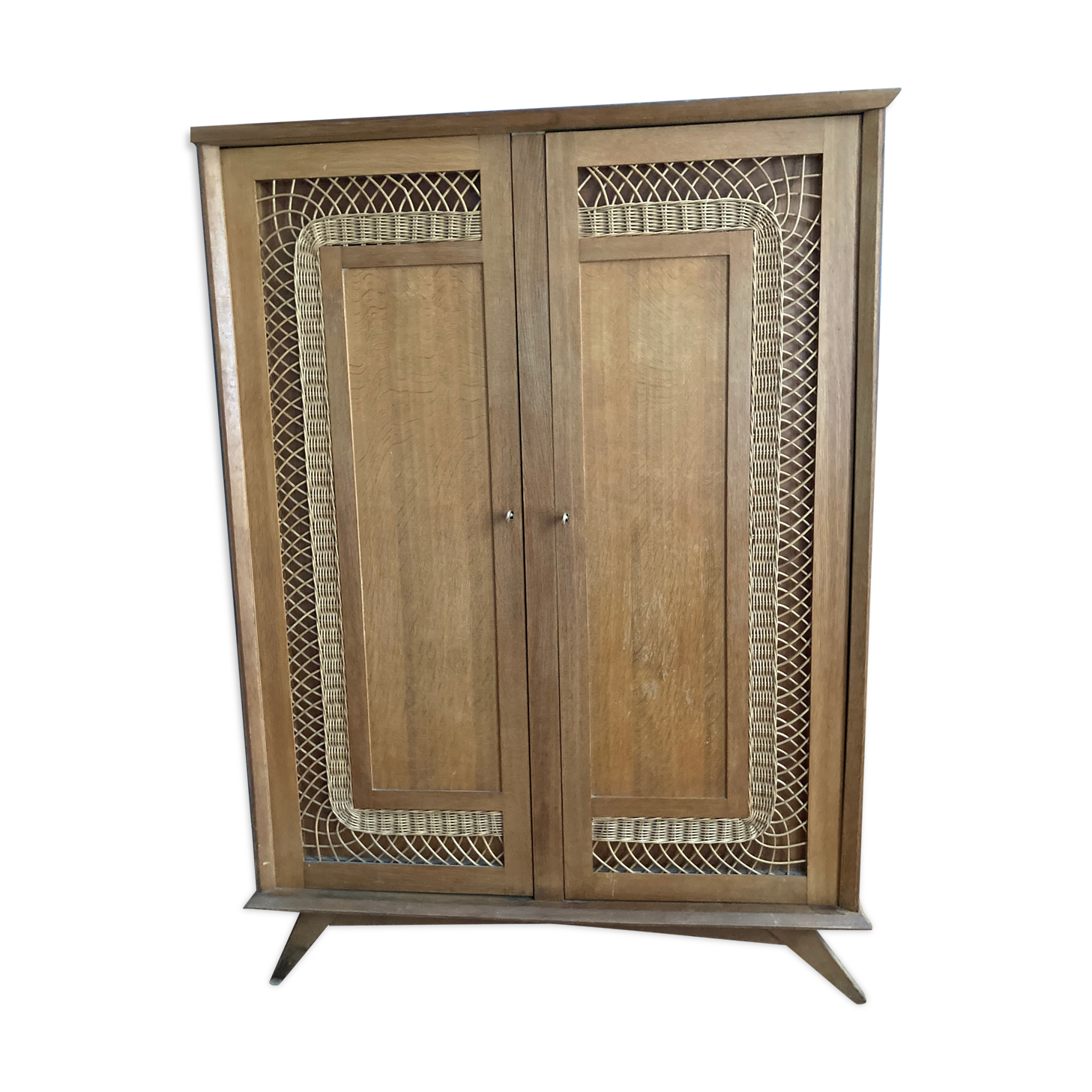 Rattan cabinet and vintage light oak