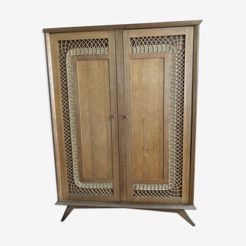 Rattan cabinet and vintage light oak