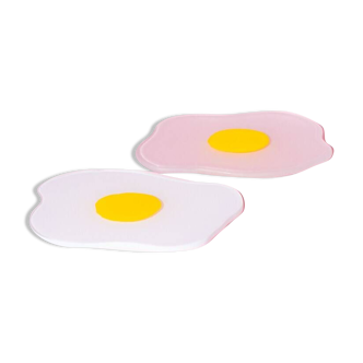 Raw to fried squiggled egg glass coaster set of two