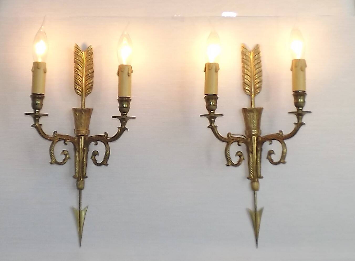 Vintage French Empire Arrow & Quiver Eagle Head Bronze Double Wall Sconces