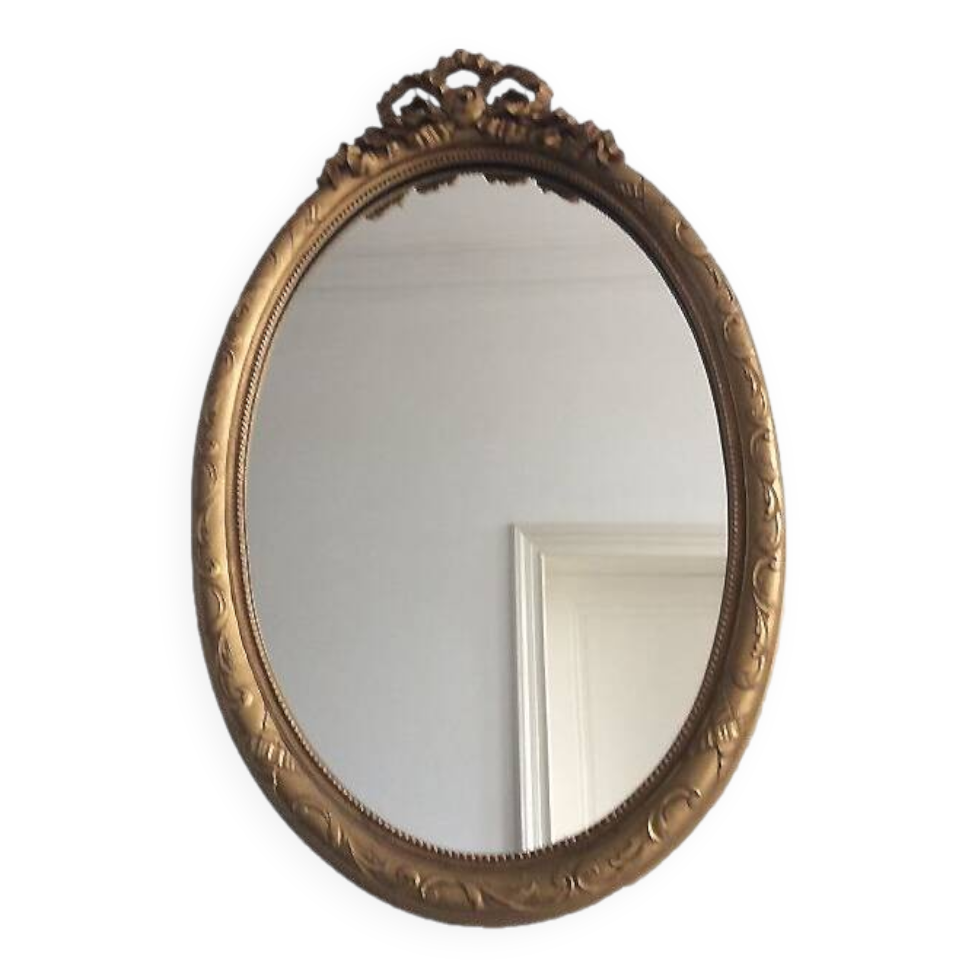 Large Baroque Mirror • Oval Arch • Carved Wood • Resin • 1950
