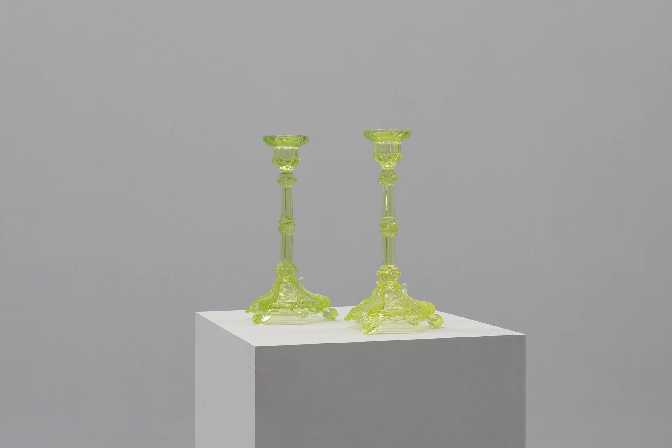Pair Uranium or annagreen glass candlesticks by Vallerysthal & Portieux
