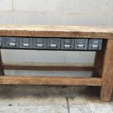 Old oak workbench console with metal drawers