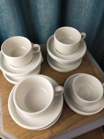 7 sarreguemines bistro cups and saucers - cnp - white porcelain