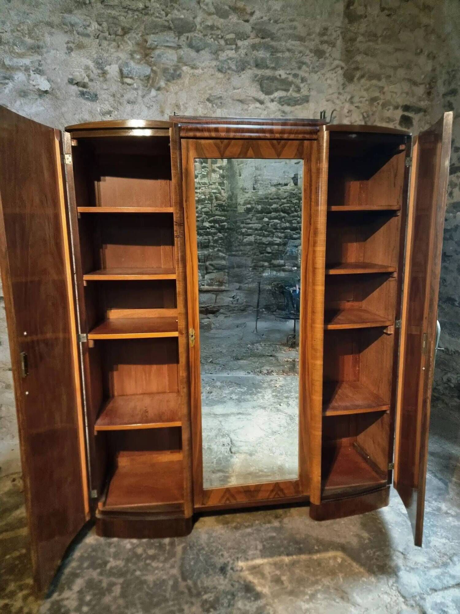 French Art Deco walnut wardrobe with mirror, 1930s
