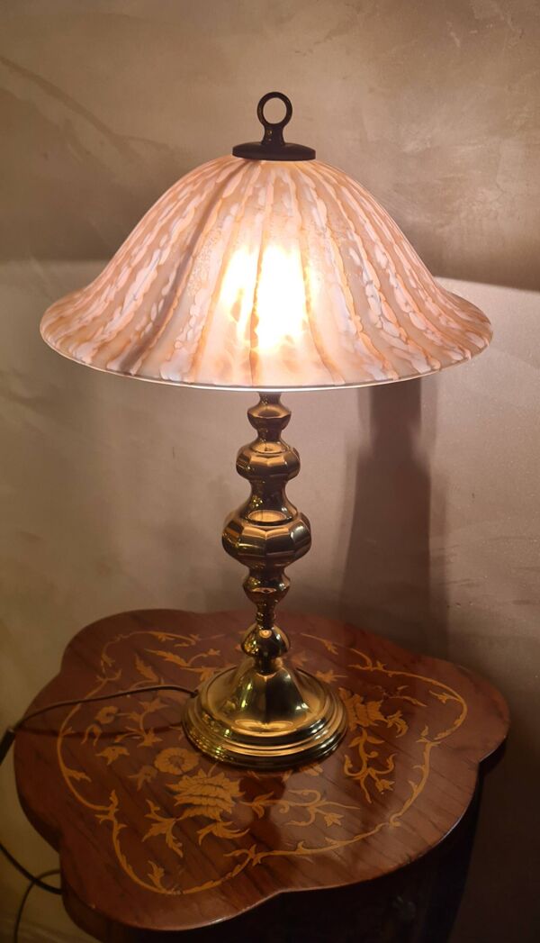lampe laiton polie 1970 abat jour pate verre vianne 56x35 elec ok